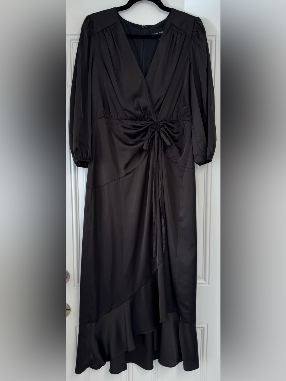 Donna Morgan Black Silk 3/4 Sleeve Dress, Slim Details on Waist, Flirty Hem